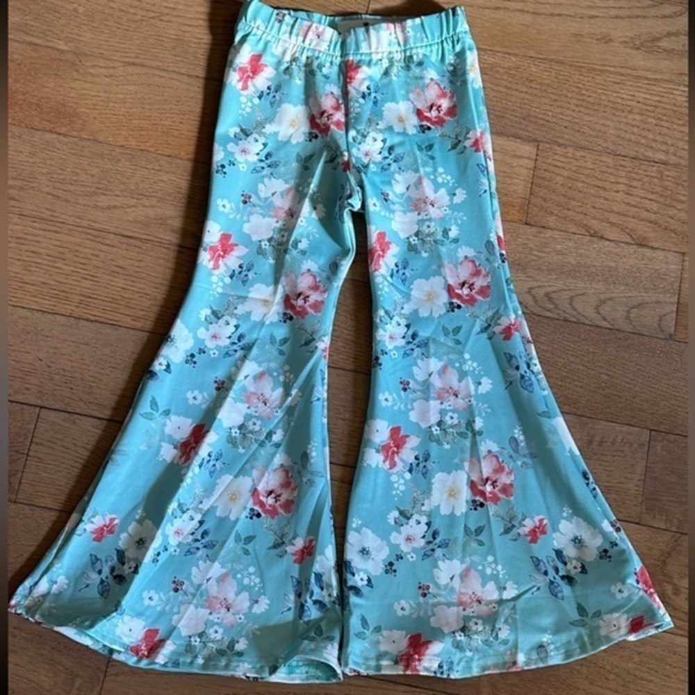 NWT size 2Y. Marie Nicole boutique aqua blue‎ and pink floral bell bottom pants.